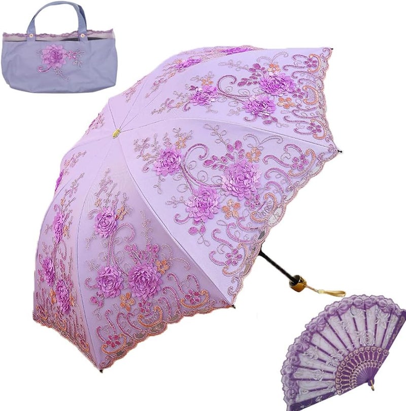 Aikelai Vintage Lace Umbrella, UPF50+ Sun Umbrella, 3D Flower Chinese Embroidery Compact Folding Umbrella for Walking, Wedding, Tea Party,Photo Shooting - Image 1